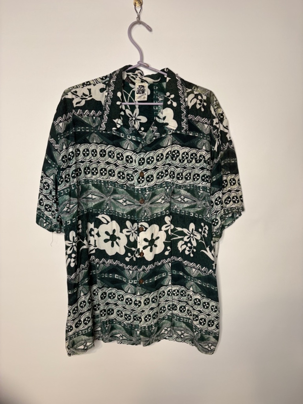 Vintage Kennington California Green & White Floral Button-Up Shirt Size Large